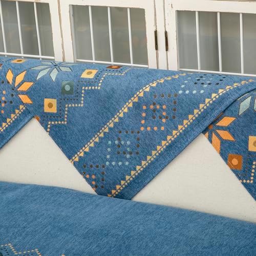 Boho Chenille Sofa Covers with Non-Slip Backing Blue Backrest 28x35in 70x90cm