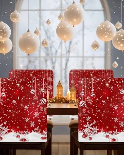 Set of 4 Red Christmas Chair Covers with Snowflake and Ball Design