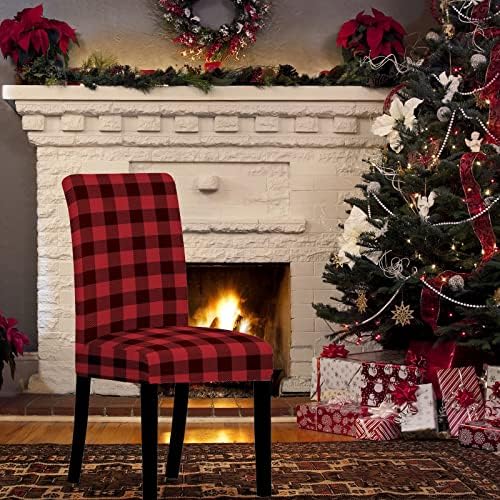 Whaline 4Pcs Red Black Plaid Dining Chair Covers with Elastic Stretch Fit