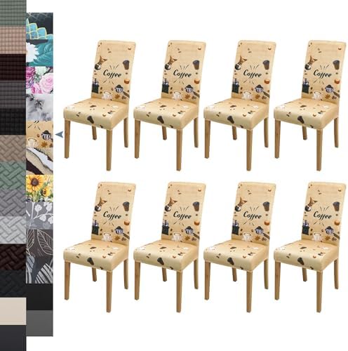 Modern Dining Chair Cover Set 8PCS Geometric Coffee Life Brown Microfiber Slipcovers