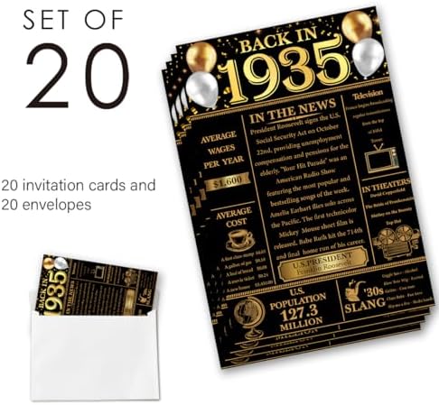 90th Birthday Invitations Set - 20 Cards and Envelopes