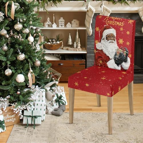 Horaldaily 4PCS Christmas Dining Chair Covers Black Santa Stretch Removable Washable Slipcover