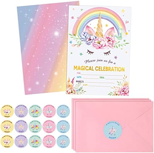 Spakon 24 Unicorn Birthday Party Invitations with Envelopes and Stickers