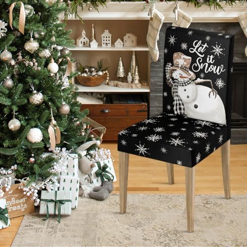 Horaldaily 6PCS Christmas Dining Chair Covers Black Snowman Stretch Removable Washable Slipcover
