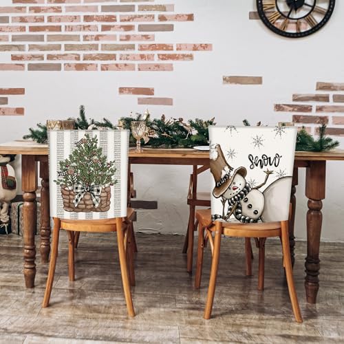 4Pcs Christmas Chair Covers with Snowman Reindeer Holly Berry Design