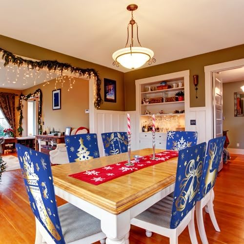 Christmas Chair Covers Set of 6 Blue and Gold