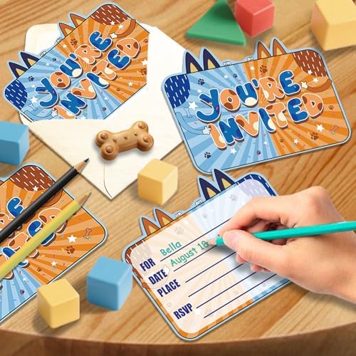 24 Pcs Cartoon Blue Dog Birthday Invitations with Envelopes and Stickers 1