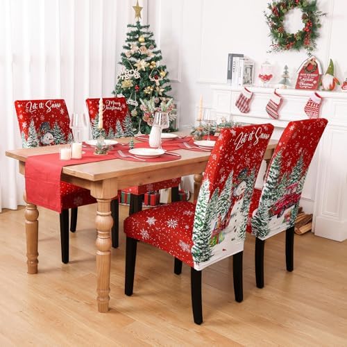 Ileading Christmas Chair Covers Set of 6 Red Truck Snowman Slipcover Protector