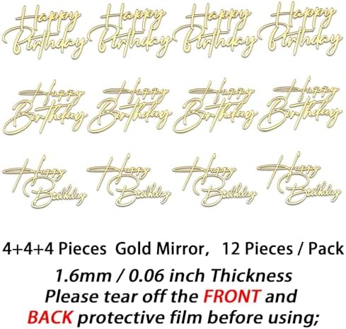 Happy Birthday Cake Topper Gold Mirror Acrylic 12 Pieces