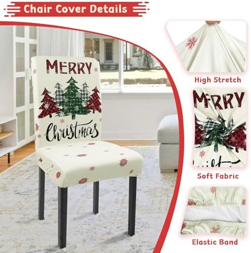Christmas Chair Covers Set of 6 Buffalo Plaid Snowflakes Red