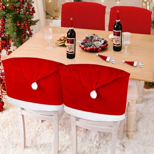 4PCS Red Santa Hat Dining Chair Covers with Pom Poms