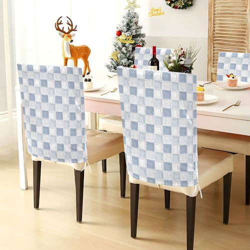 EtherSpher Oil on Canvas Gray White Checkered Dining Chair Slipcover Set of 6