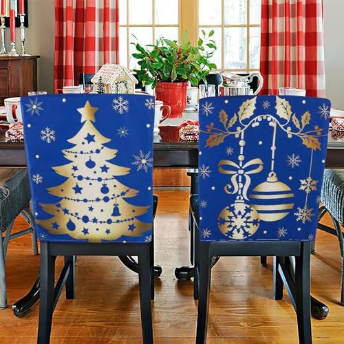 Christmas Chair Covers Set of 6 Blue and Gold