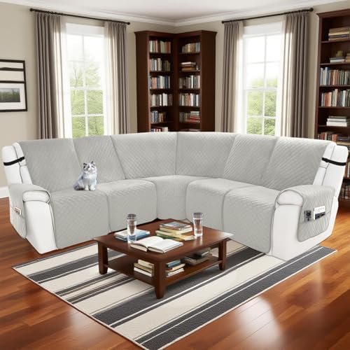 Waterproof Recliner Sectional Sofa Cover Set - 5 Seater Light Gray