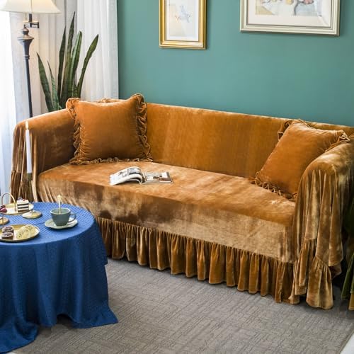 Velvet Sofa Cover with Ruffle Trim for 2-3 Cushion Sofa