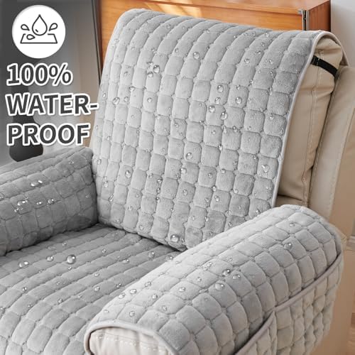 Plush Recliner Slipcover with Side Pockets for Kids and Pets