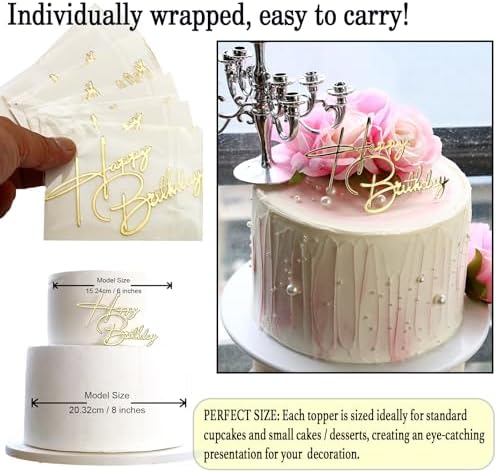 Happy Birthday Cake Topper Gold Mirror Acrylic 12 Pieces