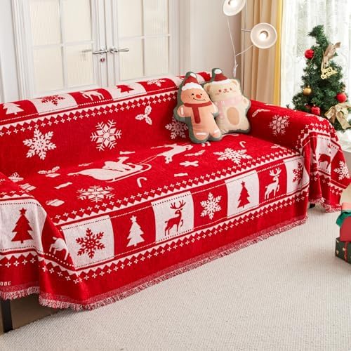 EVENHUG Reversible Christmas Sofa Cover with Tassels