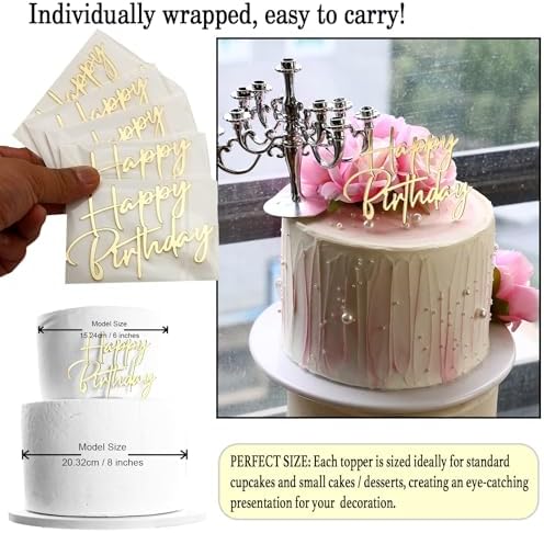 Happy Birthday Cake Topper Gold Mirror Acrylic 12 Pieces