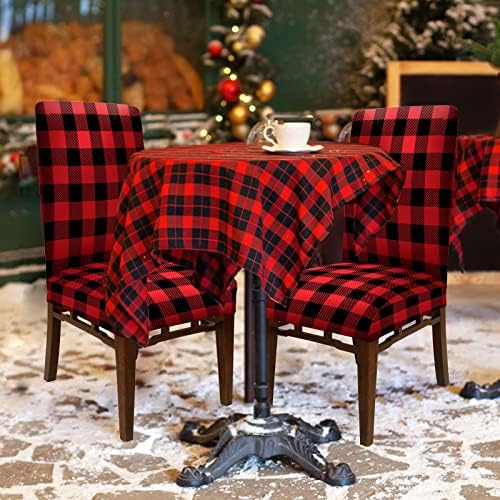 Whaline 4Pcs Red Black Plaid Dining Chair Covers with Elastic Stretch Fit