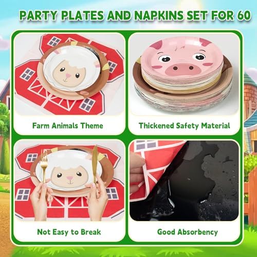 180Pcs Farm Animals Party Plates and Napkins Set