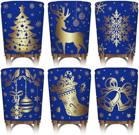 Christmas Chair Covers Set of 6 Blue and Gold
