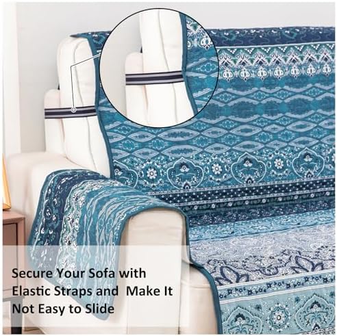 WONGS BEDDING Boho Sofa Cover Blue Stripe 3 Seater Slipcover