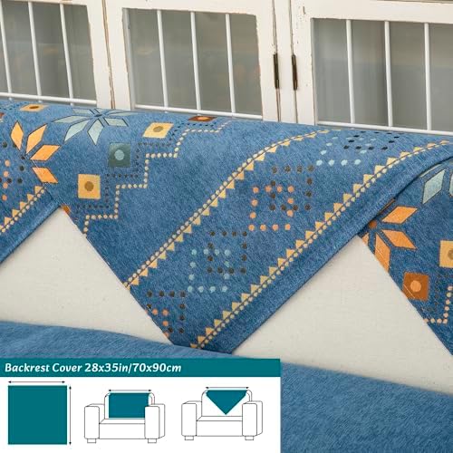 Boho Chenille Sofa Covers with Non-Slip Backing Blue Backrest 28x35in 70x90cm