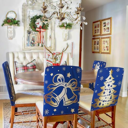 Christmas Chair Covers Set of 6 Blue and Gold