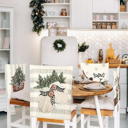 4Pcs Christmas Chair Covers with Snowman Reindeer Holly Berry Design
