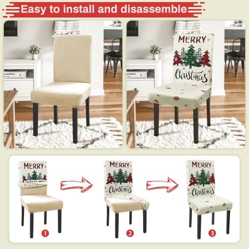 Christmas Chair Covers Set of 6 Buffalo Plaid Snowflakes Red