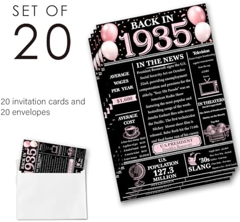 90th Birthday Invitations Set with Envelopes - Retro Pink Design