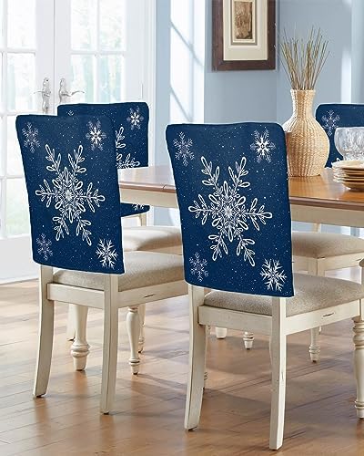 Navy Blue Snowflake Christmas Chair Back Covers 4 Pack 1