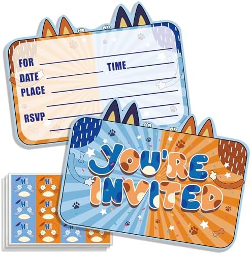 24 Pcs Cartoon Blue Dog Birthday Invitations with Envelopes and Stickers 1