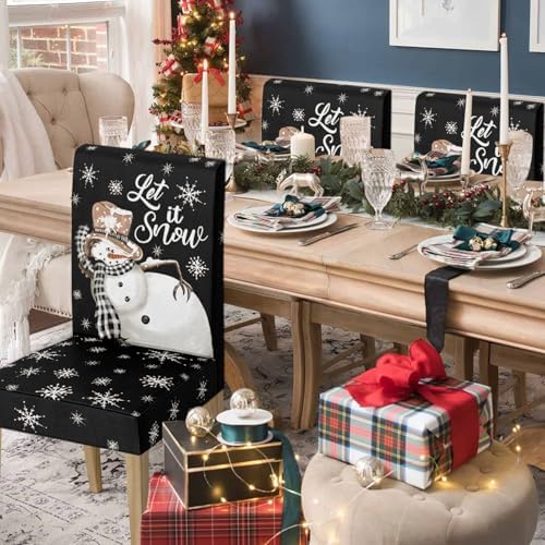 Horaldaily 6PCS Christmas Dining Chair Covers Black Snowman Stretch Removable Washable Slipcover