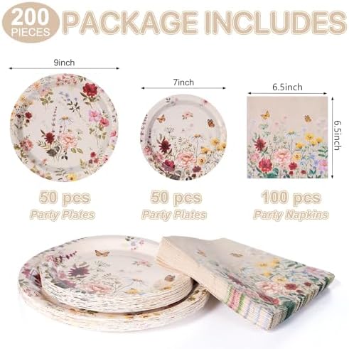 200pcs Floral Paper Plates and Napkins Set