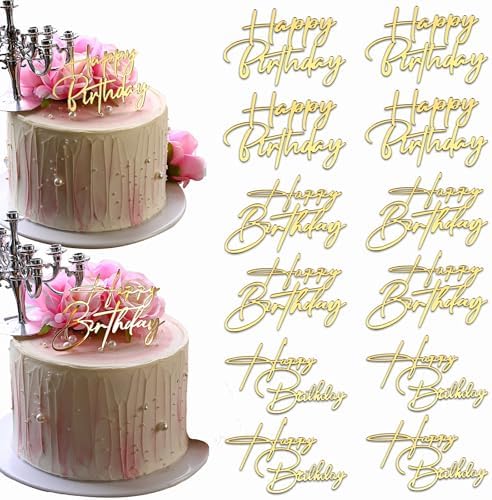 Happy Birthday Cake Topper Gold Mirror Acrylic 12 Pieces