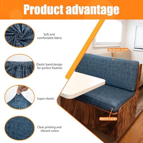 BIETYONE RV Dinette Cushion Covers Grid Deep Blue 2 Backrest 2 Bench Covers