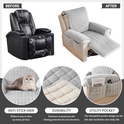 Plush Recliner Slipcover with Side Pockets for Kids and Pets