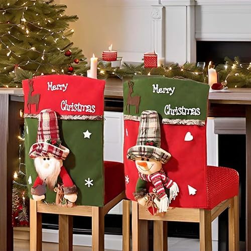 2 pcs Christmas Chair Covers with Fuzzy Santa and Snowman Design
