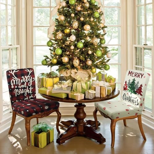 Christmas Chair Covers Set of 6 Buffalo Plaid Snowflakes Red