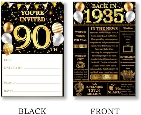 90th Birthday Invitations Set - 20 Cards and Envelopes