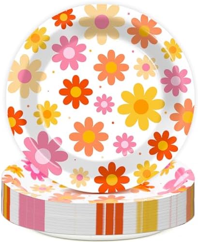 Qyeahkj 48PCS Groovy Daisy Paper Plates 7 Inch