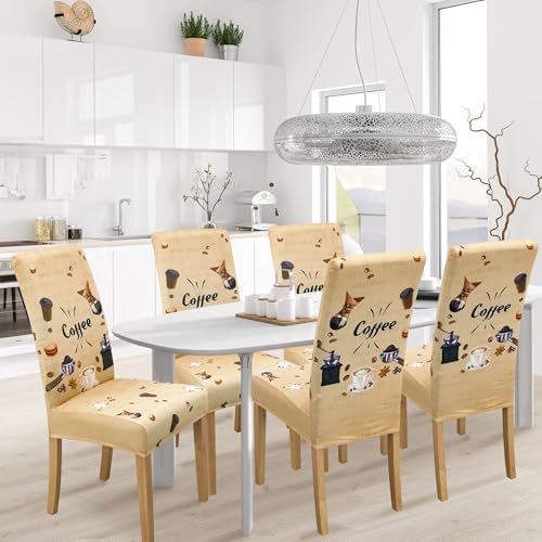 Modern Dining Chair Cover Set 8PCS Geometric Coffee Life Brown Microfiber Slipcovers