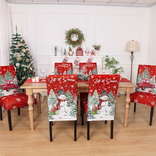 Ileading Christmas Chair Covers Set of 6 Red Truck Snowman Slipcover Protector