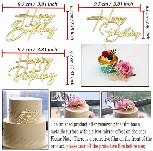 Happy Birthday Cake Topper Gold Mirror Acrylic 12 Pieces