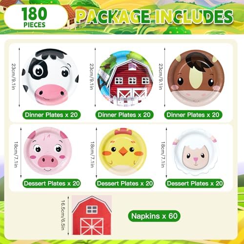 180Pcs Farm Animals Party Plates and Napkins Set