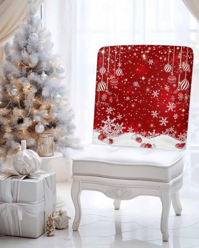 Set of 4 Red Christmas Chair Covers with Snowflake and Ball Design
