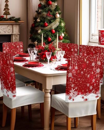 Set of 4 Red Christmas Chair Covers with Snowflake and Ball Design