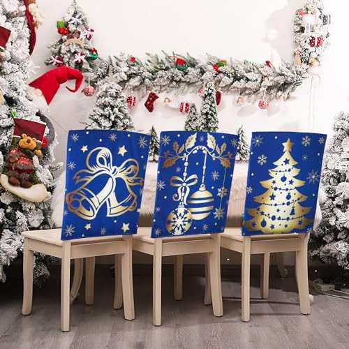 Christmas Chair Covers Set of 6 Blue and Gold